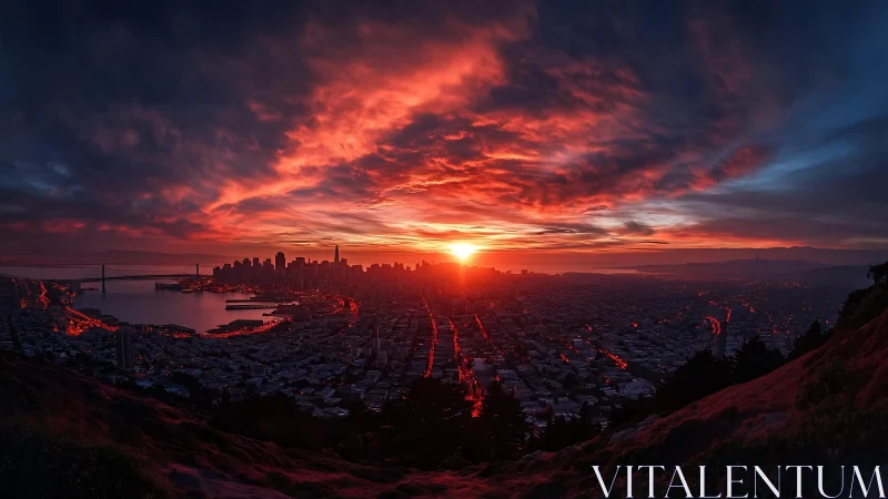 Sunrise ignites a coastal skyline in molten ember light.