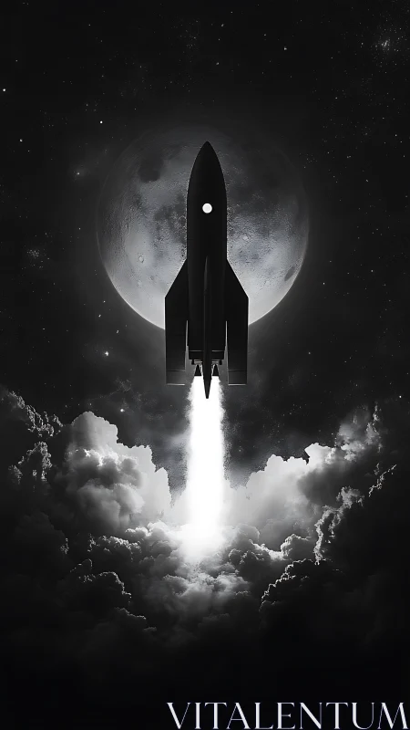 Monochrome rocket launch silhouetted against full moon.