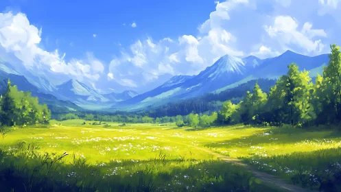Sunlit meadow hums softly beneath watchful blue mountains