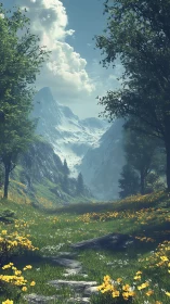 Mountain valley path under vibrant spring wildflower bloom.