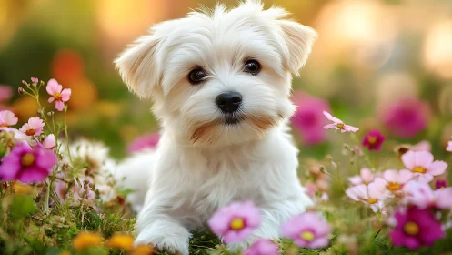 White puppy rests in colorful flower meadow at sunset.