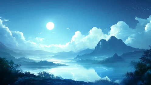 Moonlit blue valley wrapped in dreamy reflective waters.