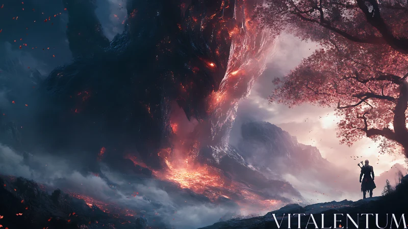 Lone wanderer meets a towering lava spirit at dusk.