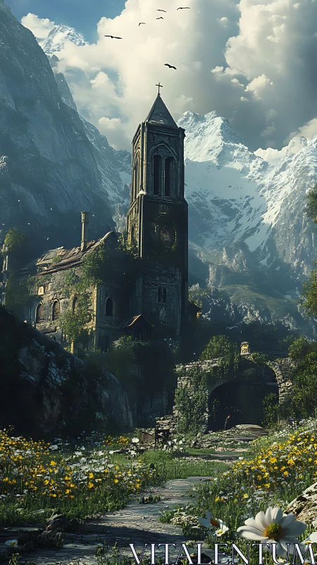 Old stone church in alpine valley with wildflower meadow.