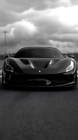 Midnight supercar front view under dramatic storm clouds.