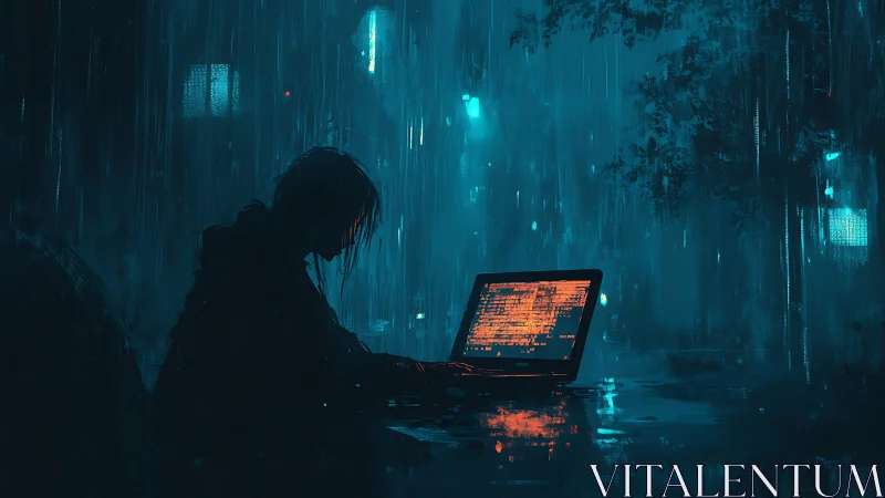 Silhouette of lone computer user in rainy neon cityscape.