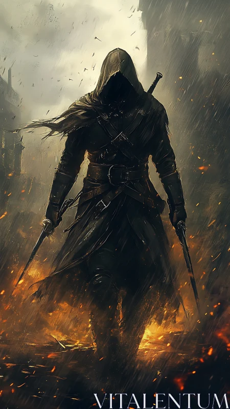 Hooded rogue strides through burning rain-lit battlefield.
