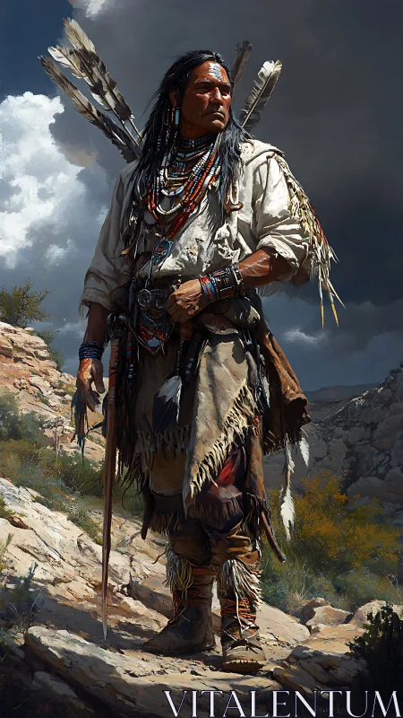 Warrior in stormlit canyon stands vigilant against dark skies.