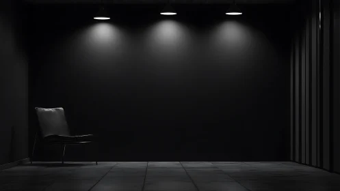 Minimalist black interior with spotlighted accent wall.