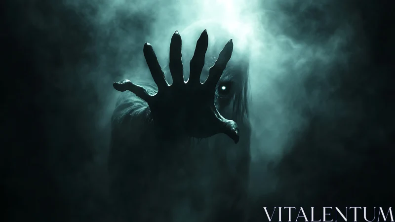 Shadowed humanoid figure with outstretched clawed hand in fog.