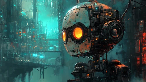 Orb-eyed robot sentinel glows through teal cyber fog.