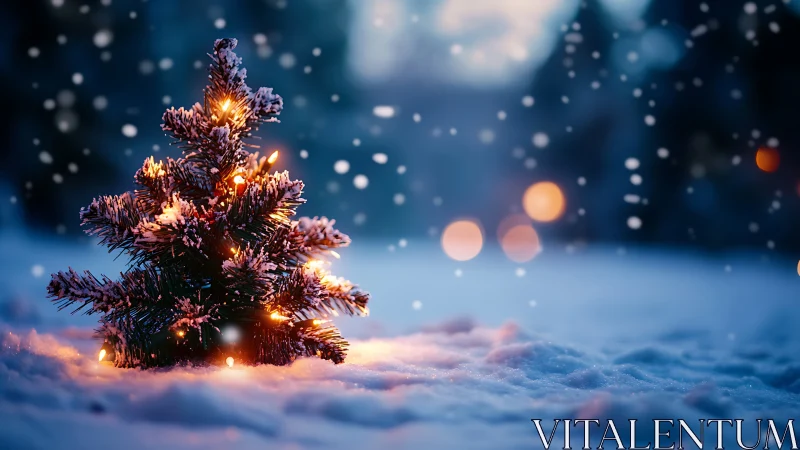 Snowy miniature Christmas tree glows softly at twilight