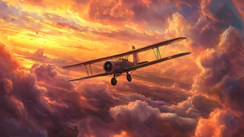 Vintage biplane cuts through blazing cinematic sunset clouds.