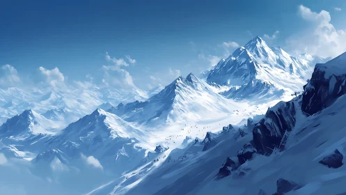 Snowbound alpine range under clear winter sky panorama.