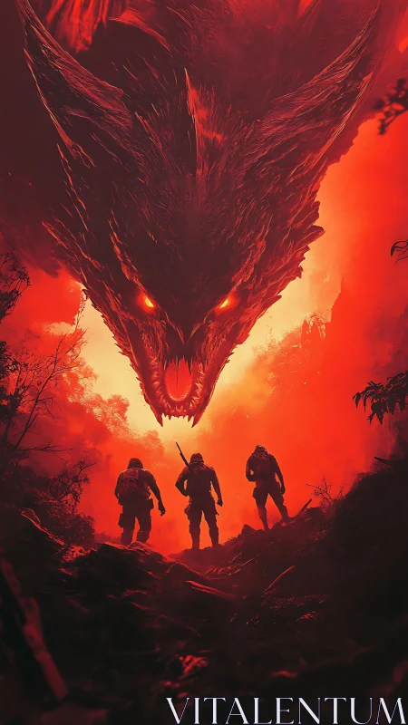 Colossal infernal dragon confronts three soldiers in red haze