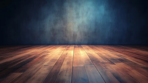 Empty wooden studio floor glows under dramatic moody light.