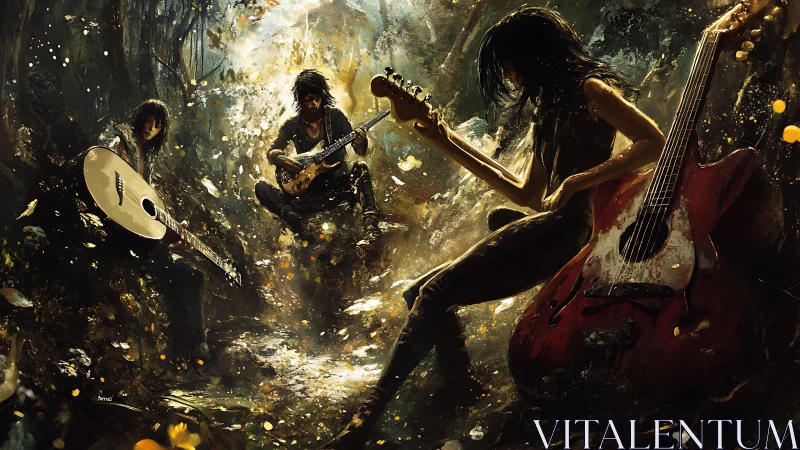 Musicians with guitars arranged in dense forest setting.