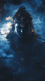 Divine blue-faced deity emerges from swirling cosmic clouds
