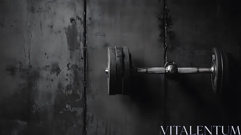 Chromed knurled dumbbell aligned against distressed steel wall