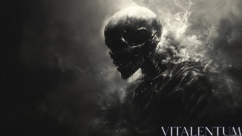 From swirling smoke emerges a skeletal wraith in shadowed void.