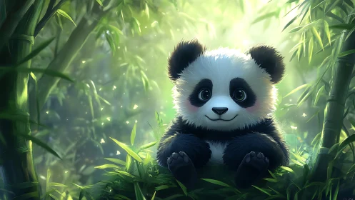 Baby panda sits in glowing bamboo forest with soft light