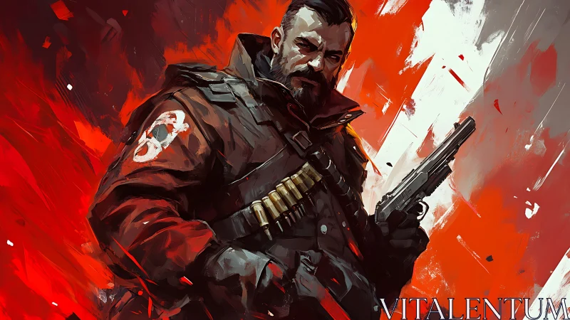 Hardened mercenary stands ready amid blazing red chaos