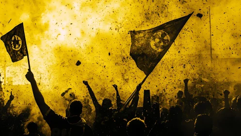 Crowd celebration under yellow smoke with waving flags.