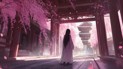 Solitary figure walks toward a temple beneath drifting sakura blooms
