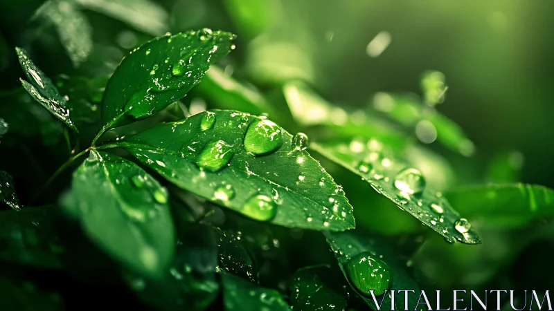 Close-up of fresh green leaves covered in water droplets.
