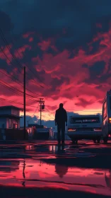 Silhouette stands on wet street under intense red sunset sky