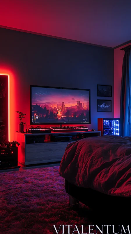 Neon-drenched gaming sanctuary hums quietly in midnight reds