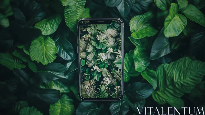 Smartphone lies on dense green foliage, screen mirroring leaves