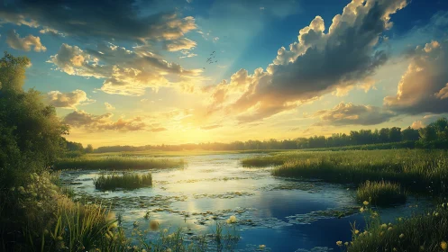 Sunlit wetland river under dramatic golden clouds at dusk