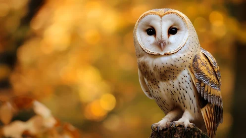 Beautiful barn owl perched on tree stump in autumn forest, photorealistic.