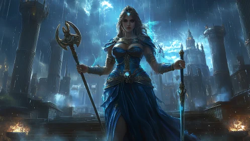 Armored sorceress holds staff and sword before stormed citadel