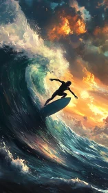 Sunlit surfer rides a towering wave beneath flaming skies