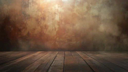 Empty rustic room with wooden floor and textured wall.