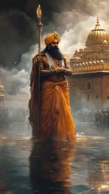 Turbaned figure stands in reflective water before domed temple