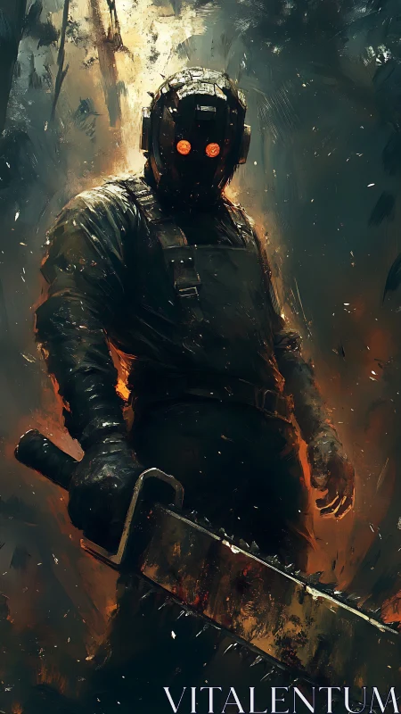 Armored executioner with incendiary visor in burning forest.