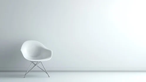 White molded chair in sparse interior against blank wall.