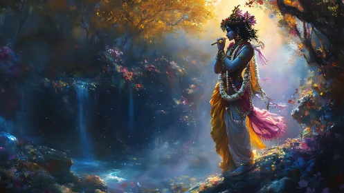 Divine flute player glows beside luminous forest waterfall.