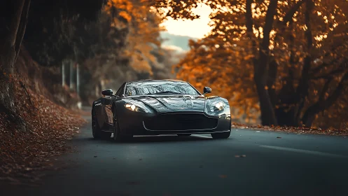 High-gloss sports coupe on curved forest road under autumn bokeh