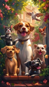 Joyful Pet Friends Celebrate Together in a Sunlit Garden