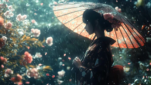 Rainlit kimono girl beneath floral parasol in garden twilight.