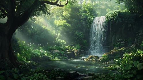 Enchanted Forest Waterfall Paradise Among Ancient Trees.