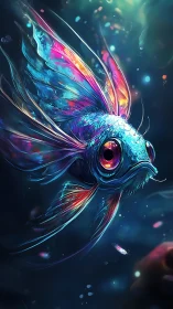 Neon cosmic fish glides through luminous deep ocean.
