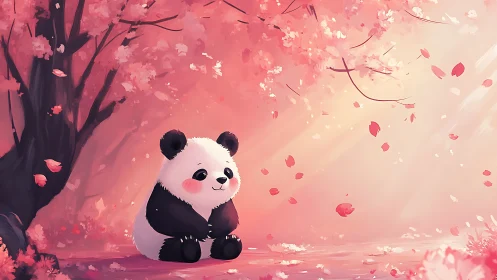 Pastel panda resting beneath luminous cherry blossoms.