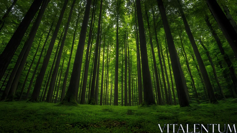 Dense Forest Canopy. Vertical Trunks Frame Green Light.