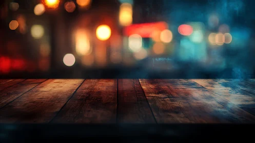 Wooden tabletop with urban night bokeh background scene.