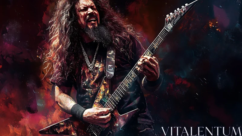 Electric guitarist roars onstage amid blazing abstract lights